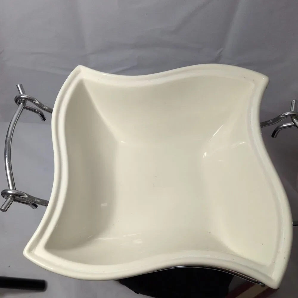 Godinger Siena White Ceramic 1 Qt Covered Baker Casserole Dish Chrome Stand